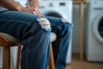 Gros plan sur une zone usée d'un jean en denim indigo montrant des fils effilochés et un tissu aminci au niveau de la couture intérieure de la cuisse