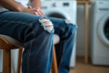 Gros plan sur une zone usée d'un jean en denim indigo montrant des fils effilochés et un tissu aminci au niveau de la couture intérieure de la cuisse