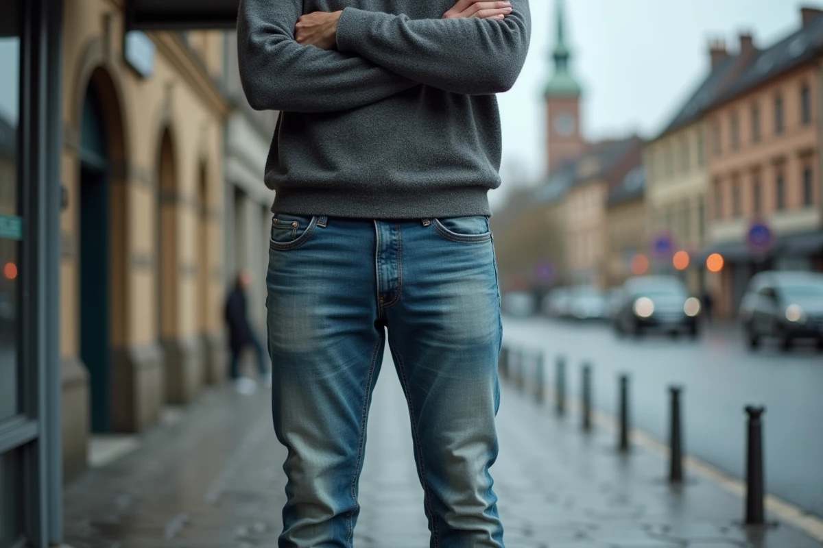 Homme d'âge mûr portant un jean usé et délavé dans une rue pavée européenne en automne, illustrant l'usure et l'inconfort du denim au quotidien