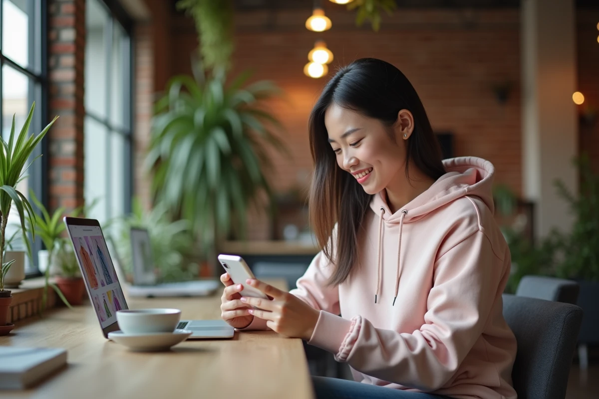 Jeune femme asiatique utilisant une application de mode sur smartphone dans un espace de coworking, symbolisant le succès de Shein dans le commerce en ligne