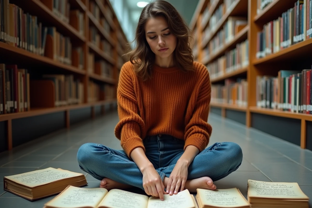 Jeune femme consultant des livres de grammaire française au sol d'une bibliothèque pour comprendre les règles d'accord