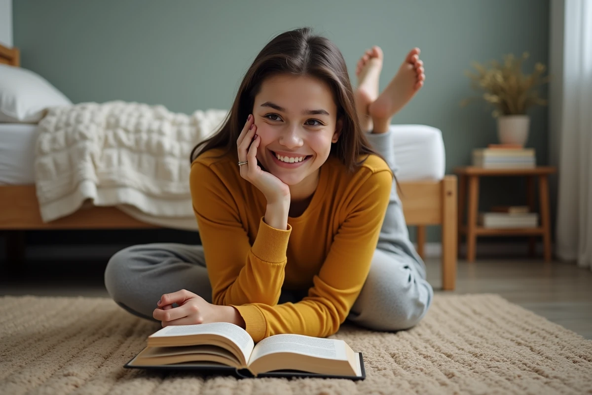 Jeune femme lisant un livre par terre dans sa chambre pour passer le temps à la maison