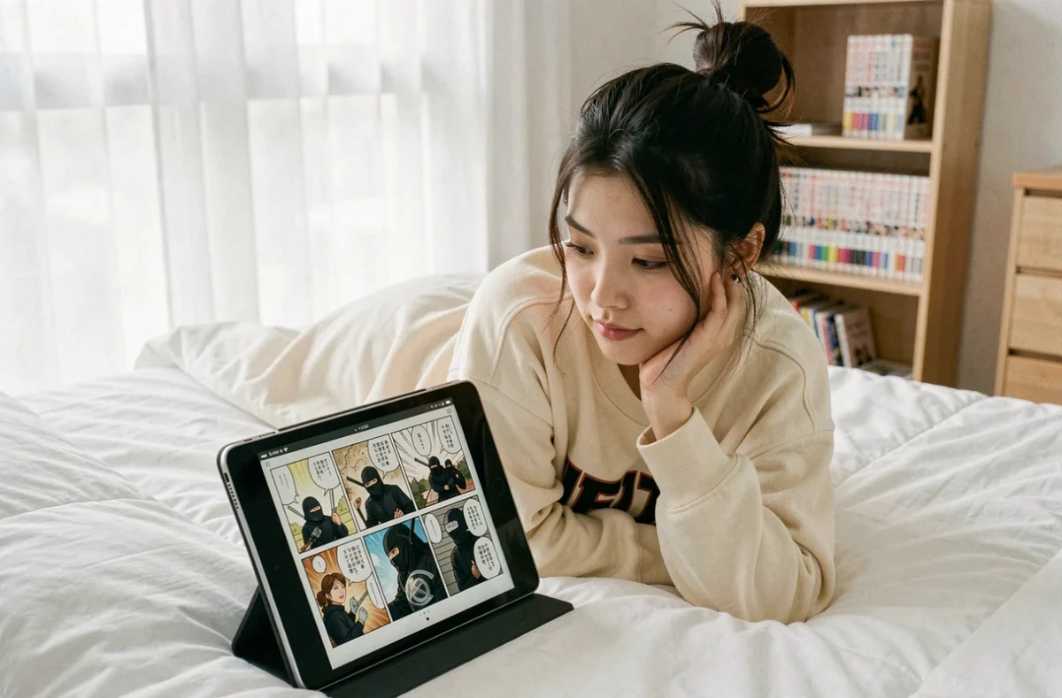 Jeune femme lisant des scans de manga Naruto et Boruto sur tablette dans sa chambre