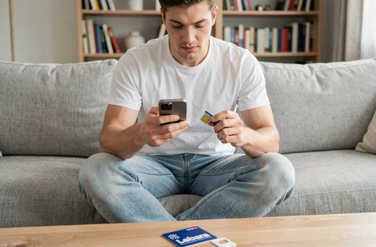 Jeune homme tenant une carte SIM Lebara et un outil d'extraction dans un salon, cherchant à trouver son numéro de téléphone