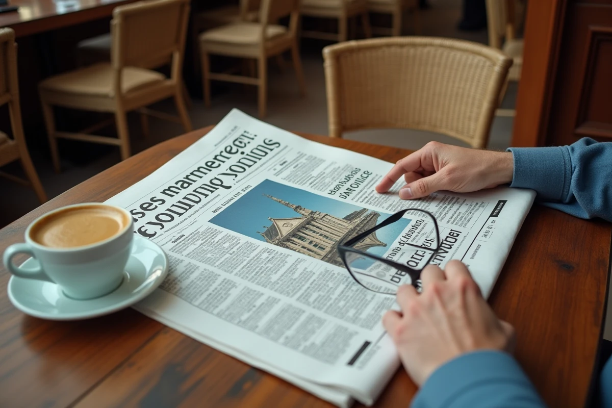 Homme lisant un journal financier français dans un café parisien avec une tasse d'expresso
