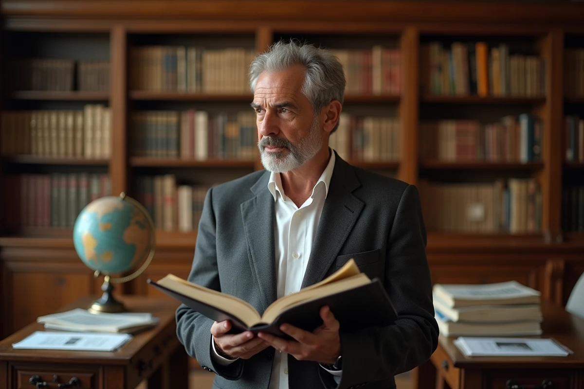 Journaliste expérimenté dans une bibliothèque de presse internationale, symbolisant l'expertise éditoriale et le parcours Wikipédia d'Anthony Bellanger