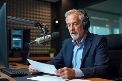 Journaliste radio professionnel assis à un bureau de diffusion avec microphones, illustrant le parcours d'Anthony Bellanger