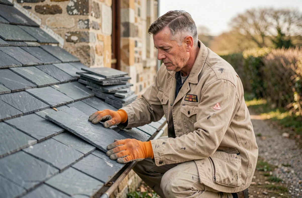 Artisan du Bihan Couverture posant des ardoises plates sur une longère rénovée dans le Morbihan