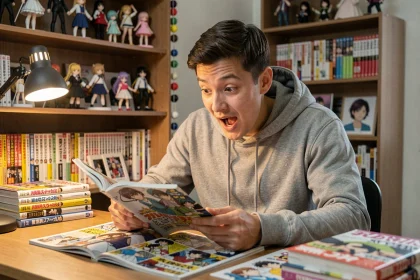 Jeune homme lisant le scan du chapitre 286 de One Punch Man avec une expression de surprise sur son bureau entouré de mangas