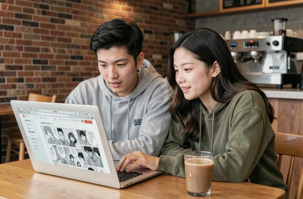 Deux jeunes adultes lisant des scans de Boruto en ligne dans un café moderne