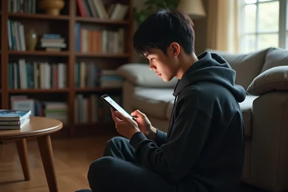 Jeune homme lisant un scantrad de manga sur smartphone dans un salon avec des volumes de manga empilés autour de lui