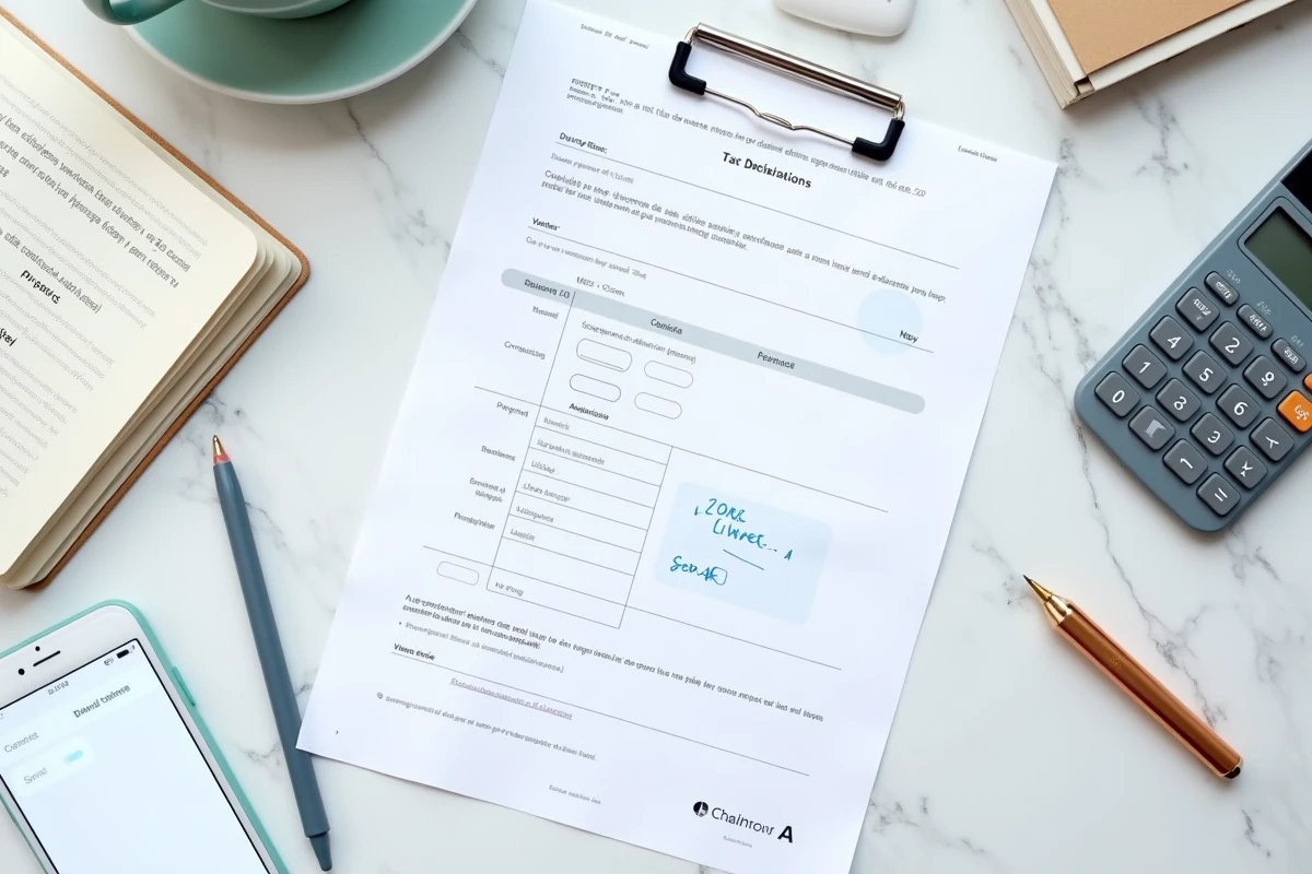 Vue aérienne d'un livret d'épargne, d'une déclaration fiscale et d'une calculatrice sur un bureau en marbre blanc