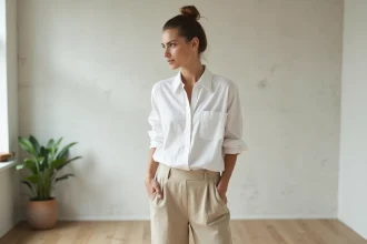 Femme portant un look minimaliste en blanc et beige dans un appartement scandinave épuré