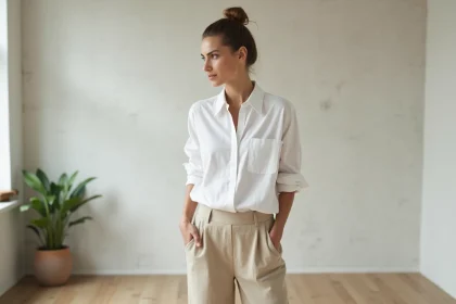 Femme portant un look minimaliste en blanc et beige dans un appartement scandinave épuré