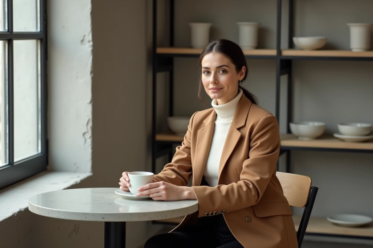 Femme en blazer camel et col roulé ivoire dans un café minimaliste au design épuré
