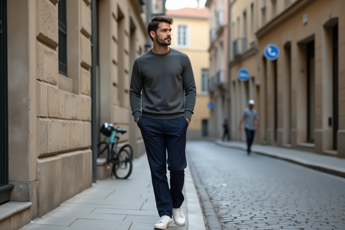 Homme en tenue minimaliste gris et marine dans une rue urbaine européenne pavée