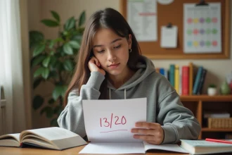 Lycéenne qui examine sa copie notée 13 sur 20 à son bureau d'étude avec des manuels scolaires
