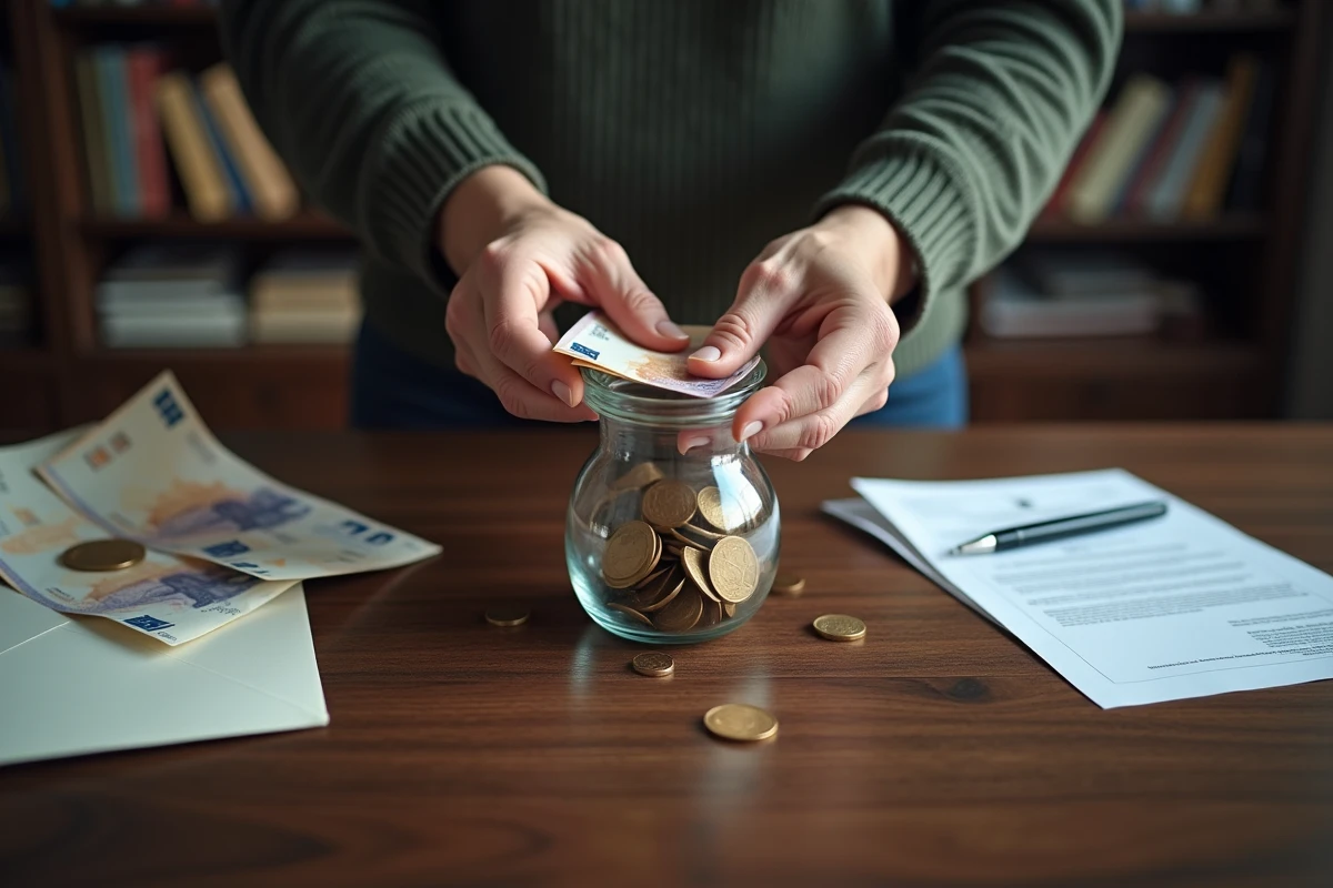 Mains d'une personne âgée déposant des billets en euros dans un bocal d'épargne, symbolisant la protection de l'argent face aux décisions fiscales de l'État