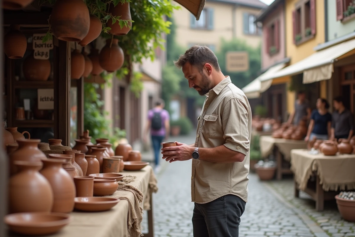 Homme découvrant l'artisanat local sur un marché traditionnel à Sarralbe, expérience authentique de la culture mosellane