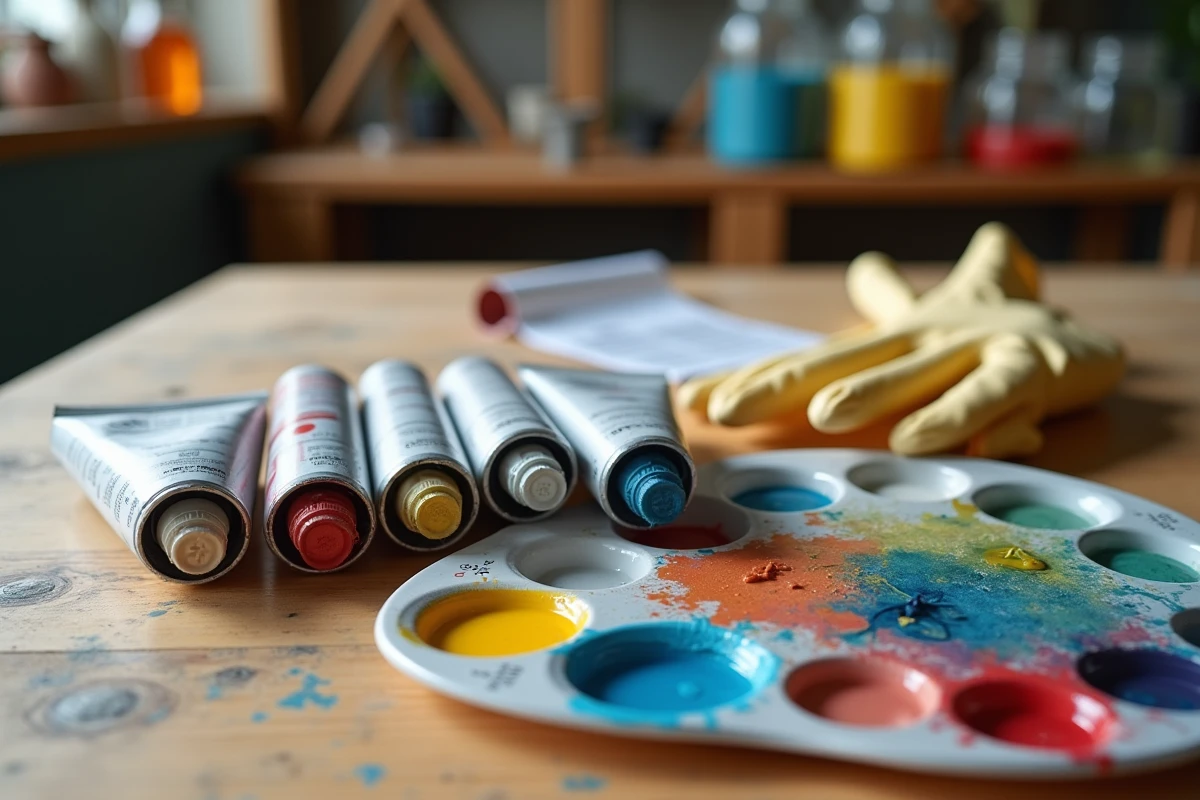 Vue en plongée de tubes de peinture acrylique ouverts, palette colorée, gants et fiche de sécurité sur une table d'atelier, évoquant les risques pour la santé