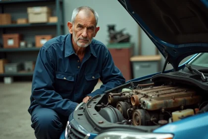 Mécanicien examinant un moteur de voiture défectueux et corrodé dans un garage automobile