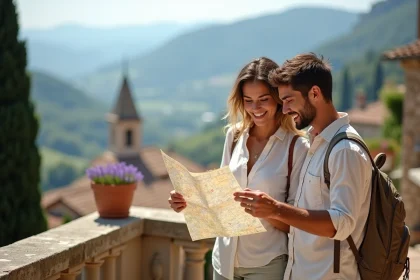 Couple explorant un village européen en terrasse, planifiant leur lieu de vie idéal en 2026