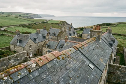 Vue panoramique de toits en ardoise bretonne typiques avec l'Atlantique en arrière-plan, illustrant le métier de couvreur en Bretagne