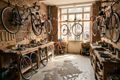 Atelier de réparation de vélos en Gironde avec plusieurs vélos accrochés et des outils sur des établis en bois