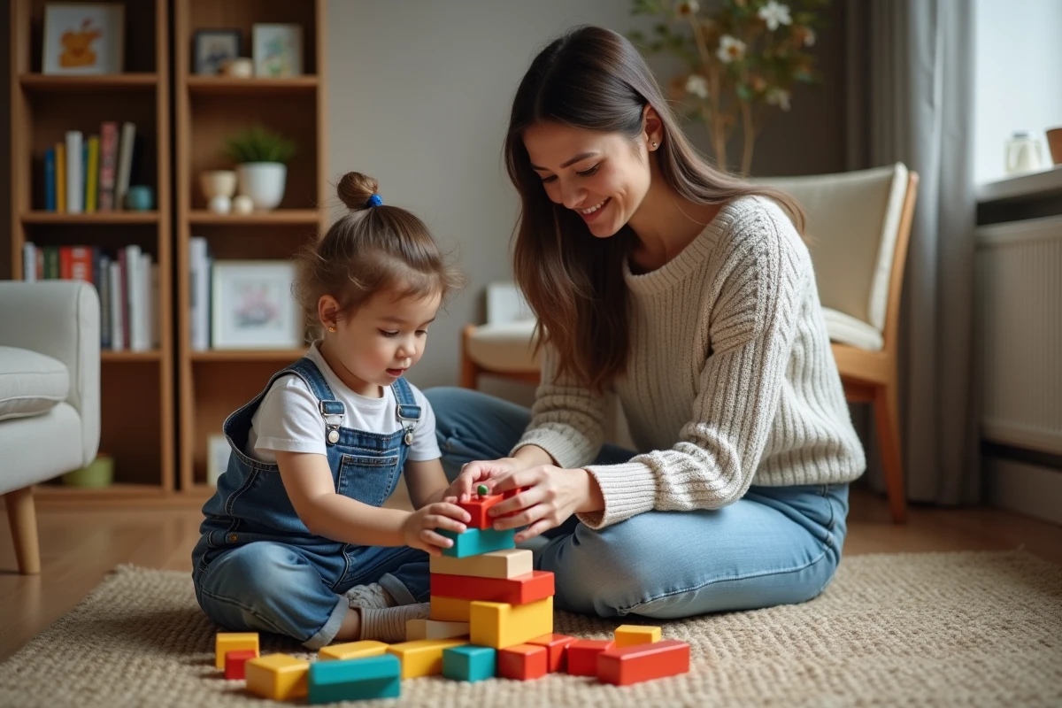 Mère et enfant jouant ensemble à la maison, symbolisant l'objectif éducatif et affectif de la famille
