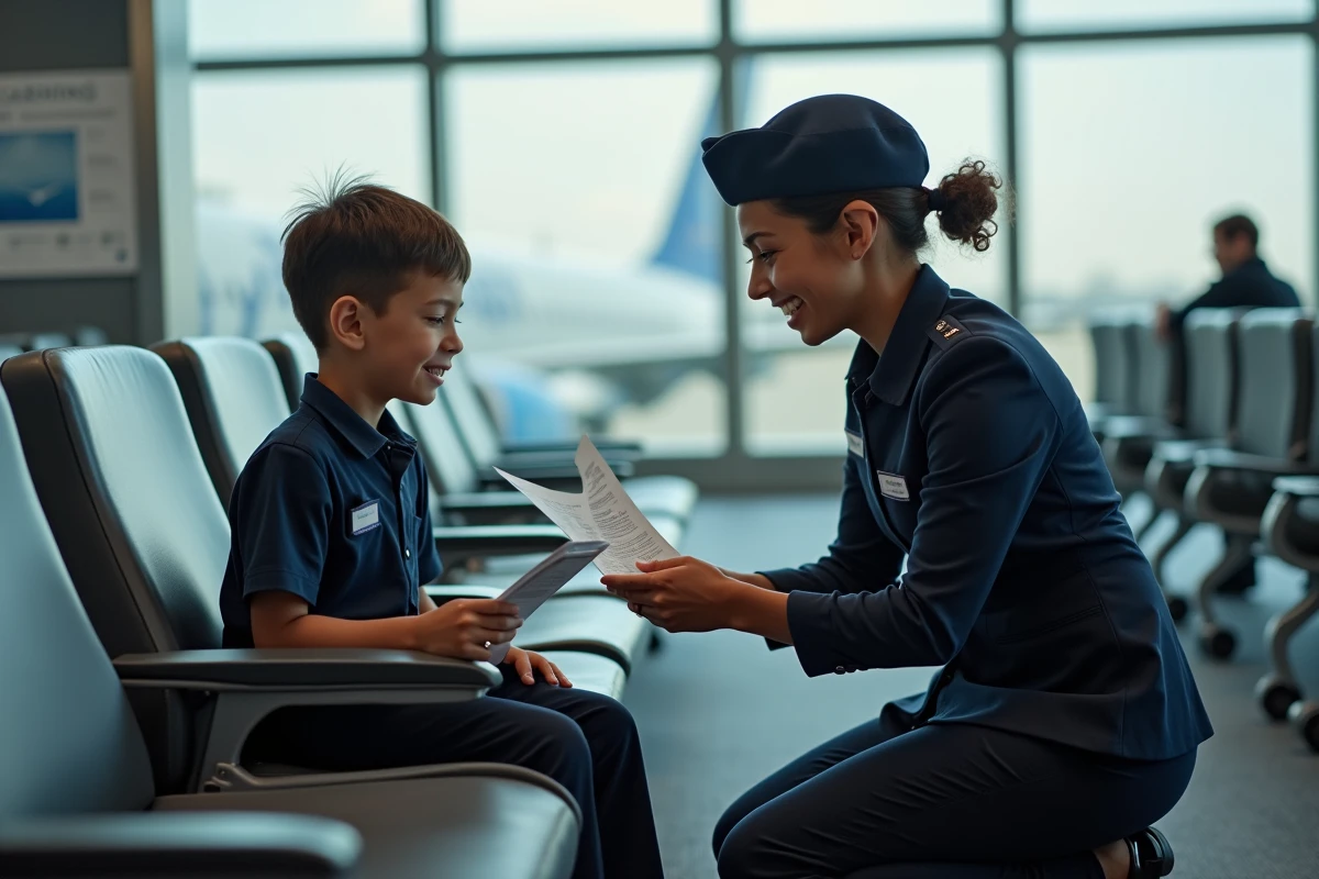 Hôtesse de l'air accompagnant un enfant non accompagné à la porte d'embarquement, vérifiant ses documents de voyage avant le vol