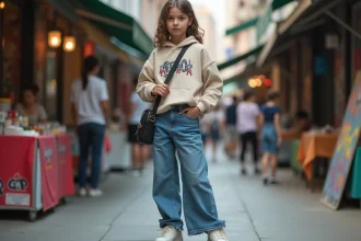 Adolescente en jean large et hoodie oversize dans une rue commerçante animée, style vestimentaire tendance ado