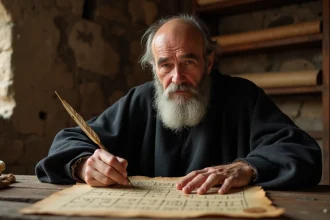 Moine médiéval écrivant des neumes sur un parchemin dans un scriptorium en pierre