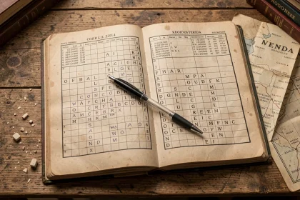 Grille de mots croisés partiellement remplie avec une carte du Nevada posée à côté sur une table en bois rustique