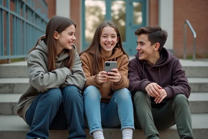 Groupe d'adolescents qui discutent et rient devant leur lycée, illustrant le langage et les mots des ados