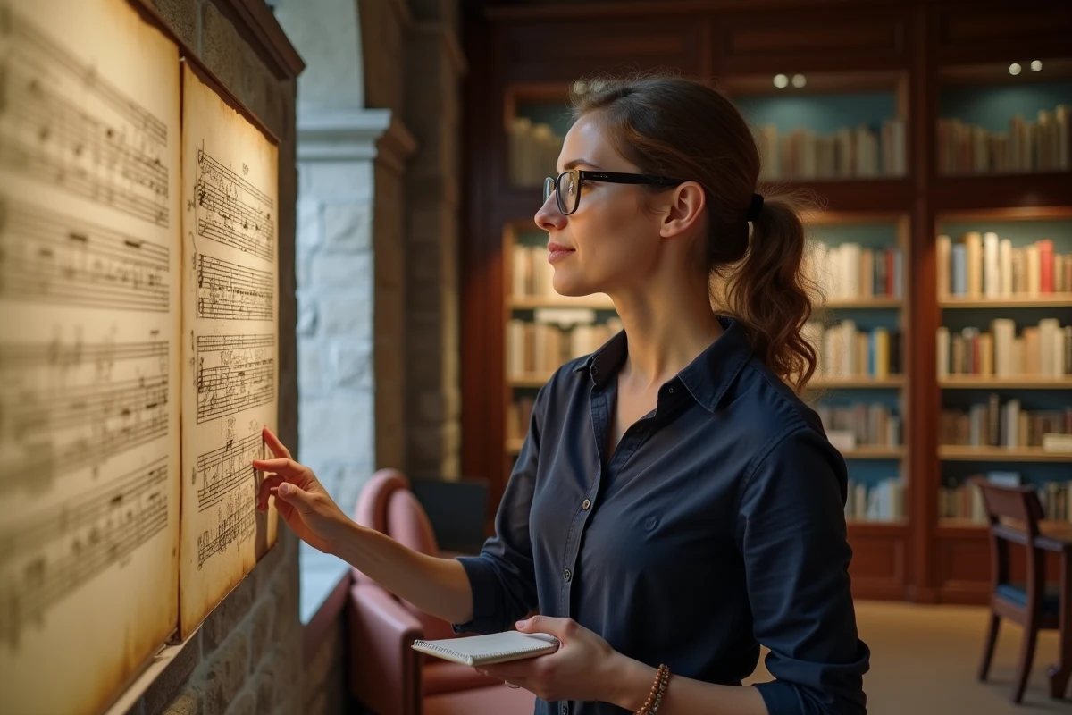Musicologue étudiant un fac-similé de chant grégorien avec neumes dans une bibliothèque universitaire