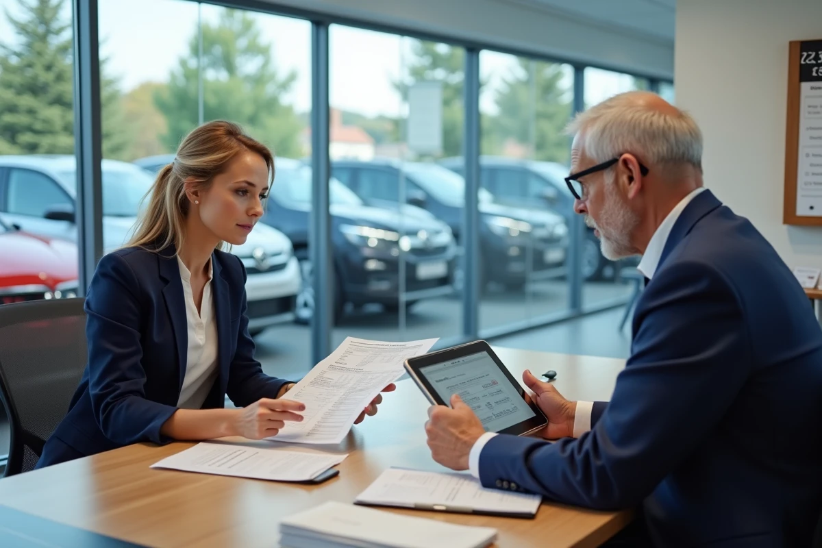 Femme en discussion avec un vendeur dans un bureau de concession pour estimer le prix d'une voiture d'occasion
