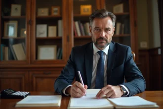 Notaire en costume sombre analysant des documents officiels liés au calcul du droit de partage sur un bureau en chêne
