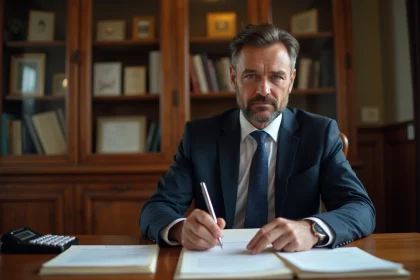 Notaire en costume sombre analysant des documents officiels liés au calcul du droit de partage sur un bureau en chêne