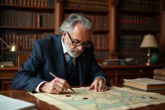 Notaire français examinant des cartes cadastrales dans un bureau parisien traditionnel, illustrant la propriété foncière en France