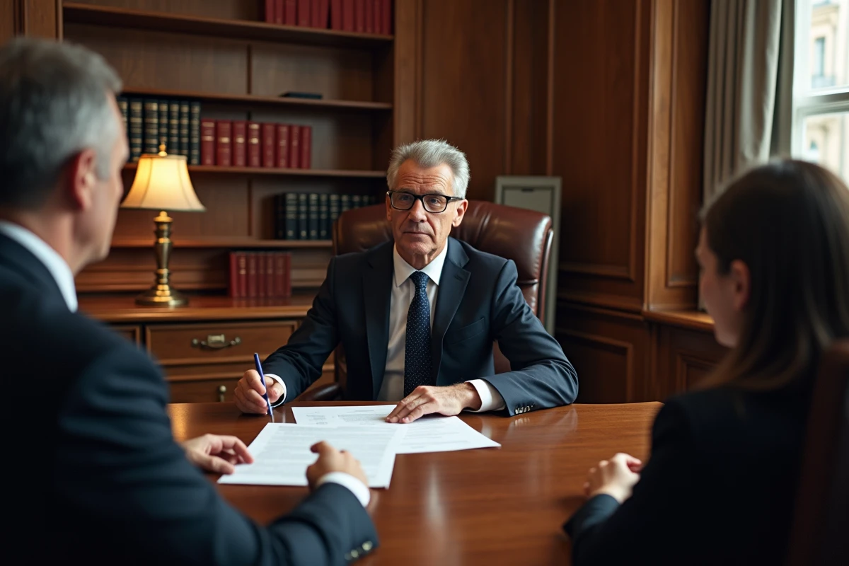 Notaire expliquant les conditions légales d'exonération de plus-value immobilière à un couple lors de la signature d'un acte de vente