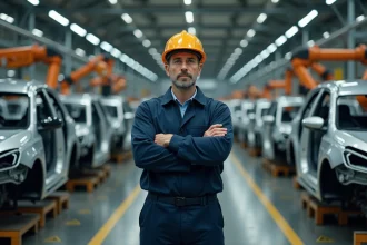 Ouvrier automobile inquiet sur une chaîne de montage à l'arrêt dans une usine en crise