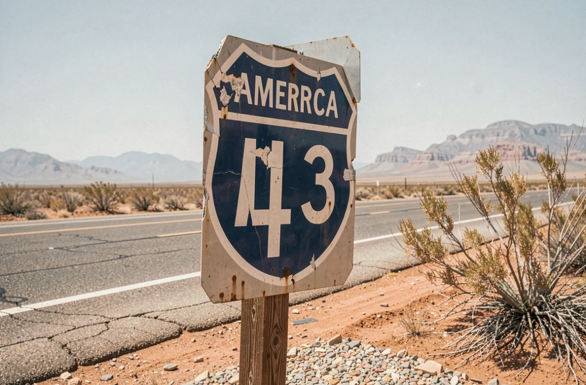 Panneau routier américain sur une route désertique du Nevada avec paysage aride et montagnes en arrière-plan