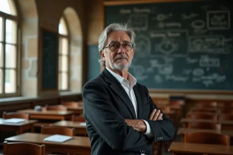 Professeur d'université devant un tableau noir dans une salle de cours historique, évoquant les origines de l'école moderne