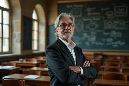 Professeur d'université devant un tableau noir dans une salle de cours historique, évoquant les origines de l'école moderne