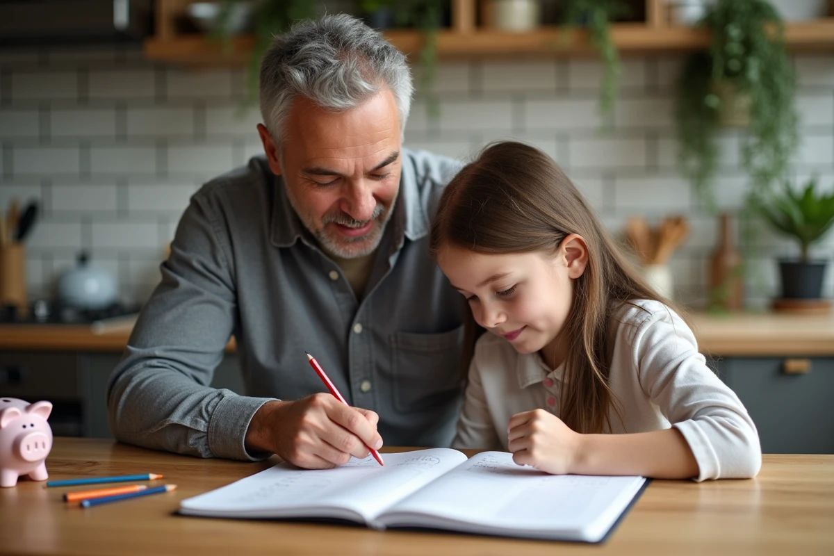 Père apprenant la gestion de l'argent à sa fille à la maison avec un carnet d'épargne et une tirelire sur la table de cuisine