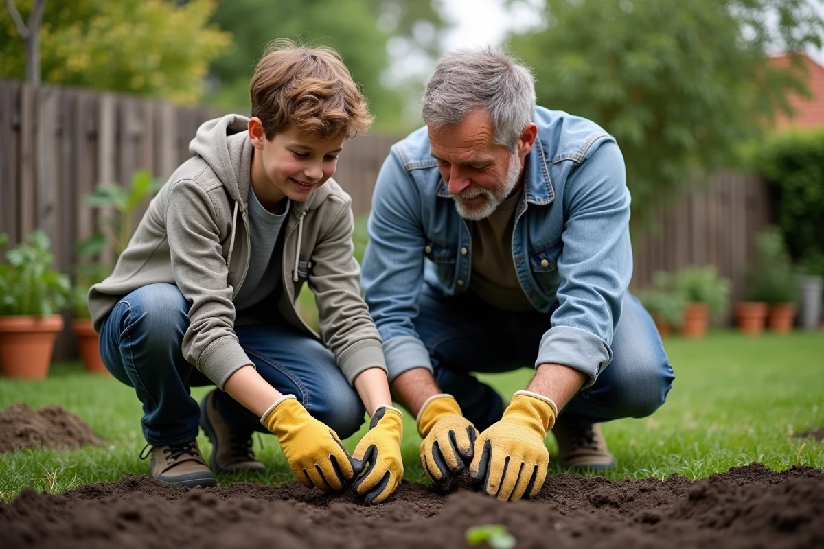 Père et fils adolescent jardinent ensemble, illustrant l'objectif de transmission des valeurs et de la solidarité familiale