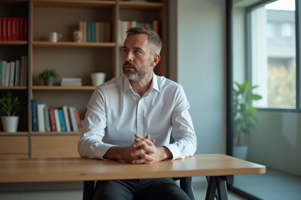 Homme au bureau faisant preuve d'assurance et de forte personnalité dans un environnement de travail professionnel