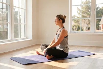 Personne pratiquant le yoga sur un tapis dans une pièce lumineuse