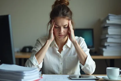 Femme stressée au bureau, mains sur les tempes, représentant la phase critique d'épuisement lié au stress chronique