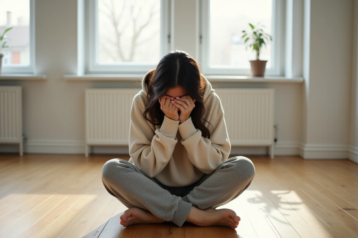 Jeune femme effondrée au sol, visage enfoui dans les mains, symbolisant la phase la plus critique du stress émotionnel